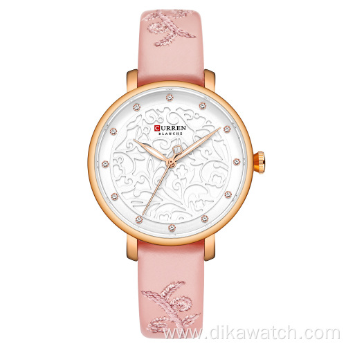 CURREN 9046 New Trendy Women Watch with Rhinestone Well-made Chinese Brand Quartz Watch Leather Strap Fashion Wristwatch